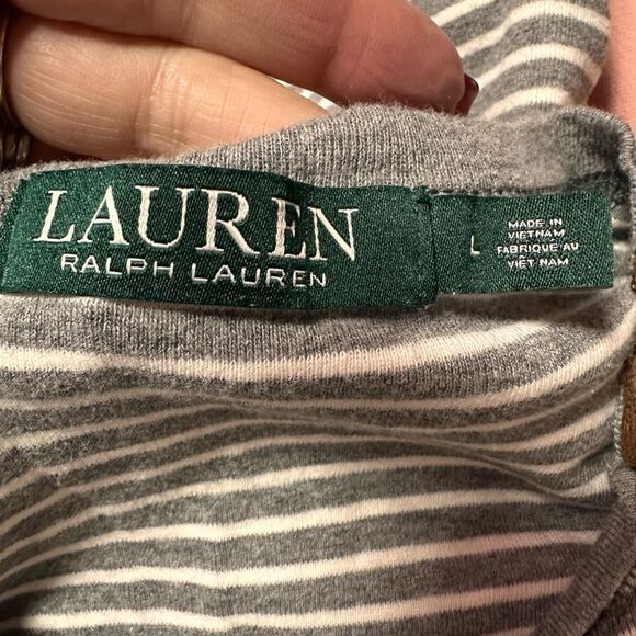 Lauren Ralph Lauren Top Faux Suede Zipper Shoulder Elbow Patch Gray & Ivory - Picture 9 of 9